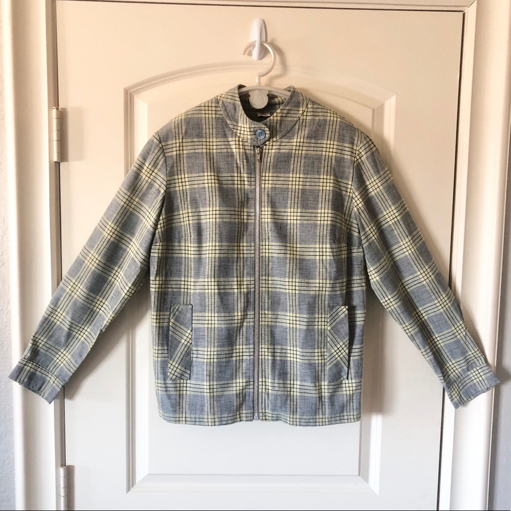 VTG Jantzen Plaid Harrington Jacket L Gray Yellow Light Zipper Bomber Coat USA
